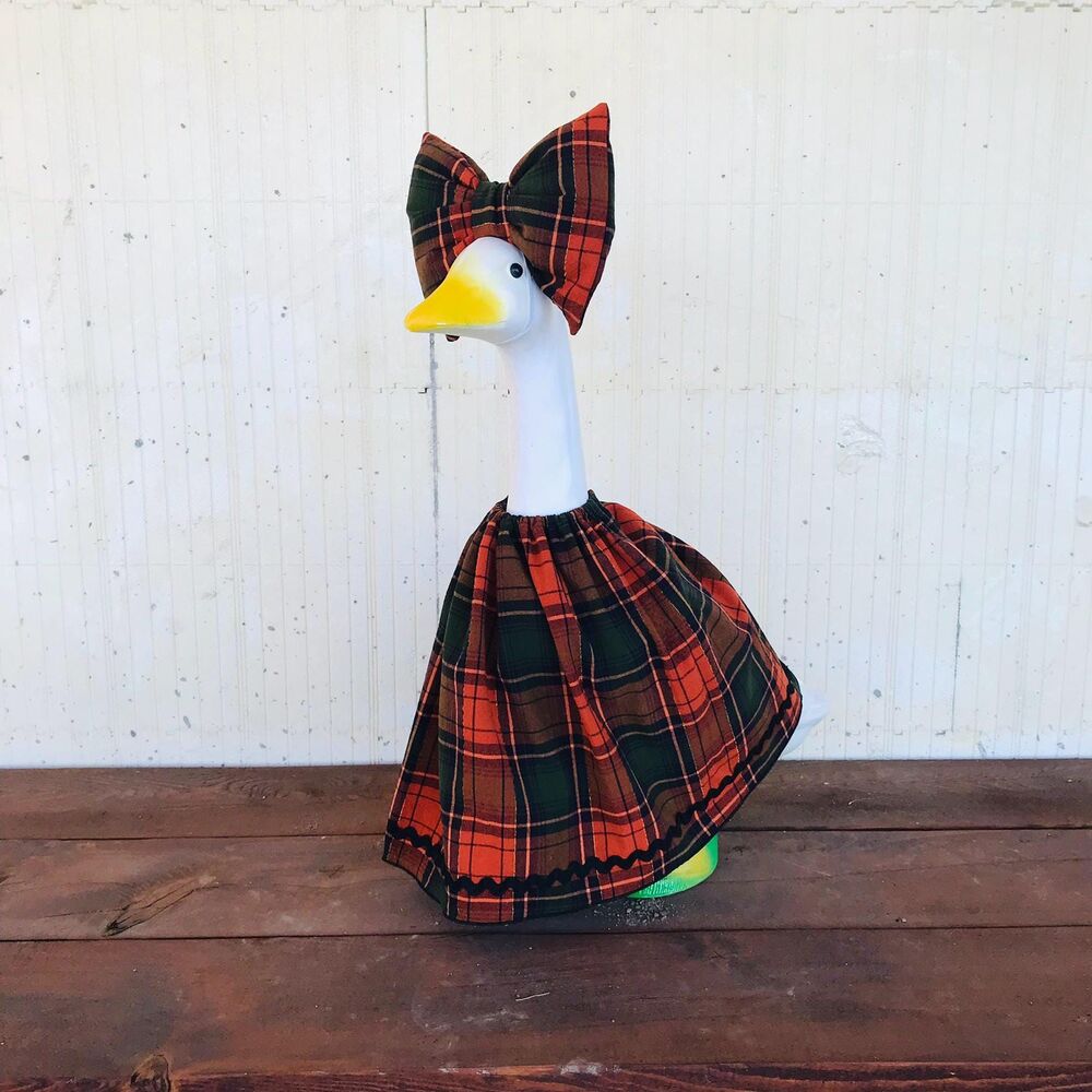 Porch Goose Dress & Bow Outfit For 18-23" Goose Handmade Fall Orange Black Plaid - Picture 13 of 13